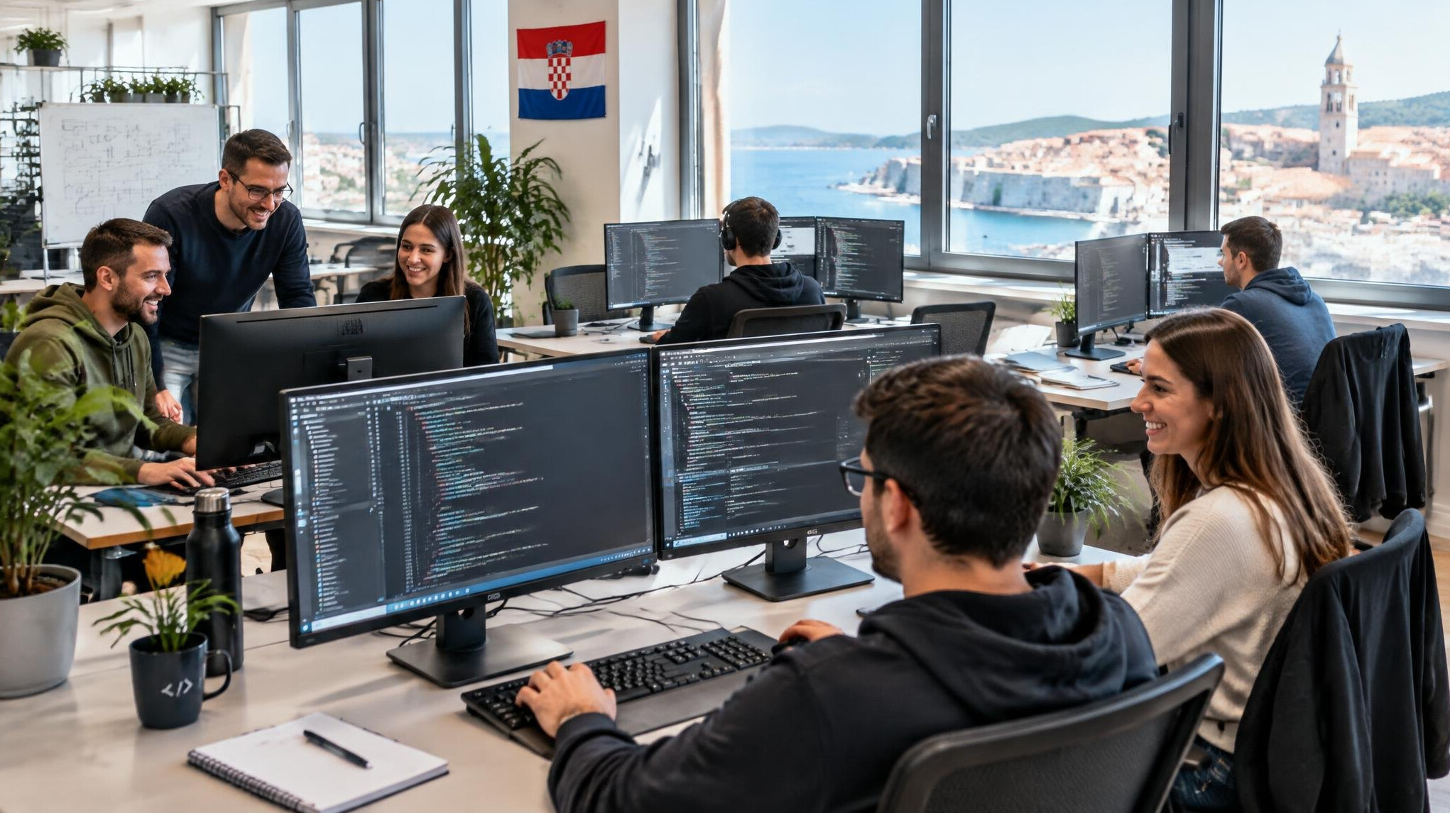 Software developers working together at computers in a modern office