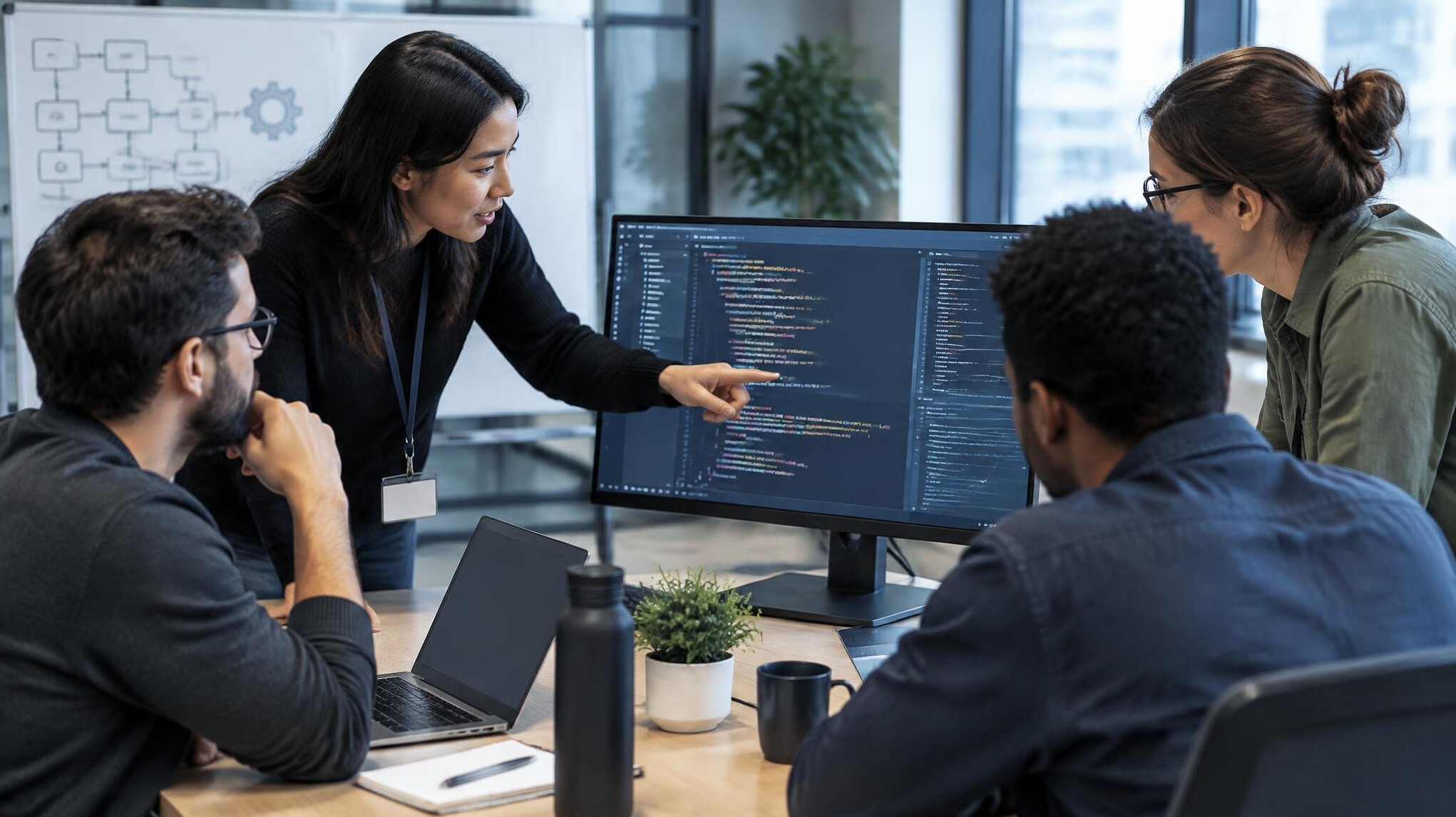 business team discussing code
