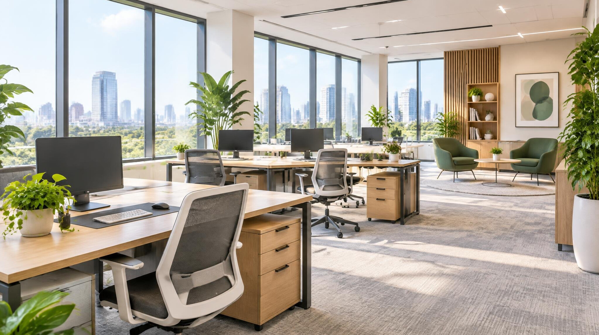 Bright modern office interior with desks and large windows