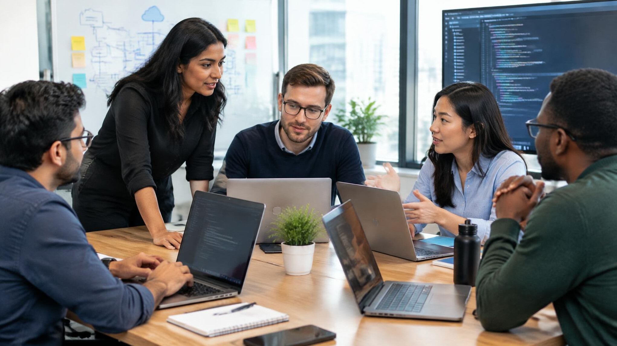 corporate team discussing software