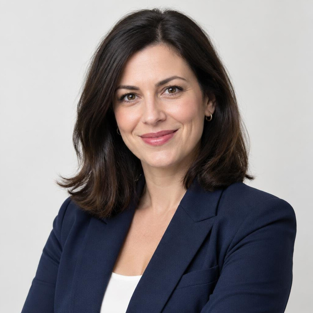 Portrait of a smiling businesswoman with dark hair in a blazer