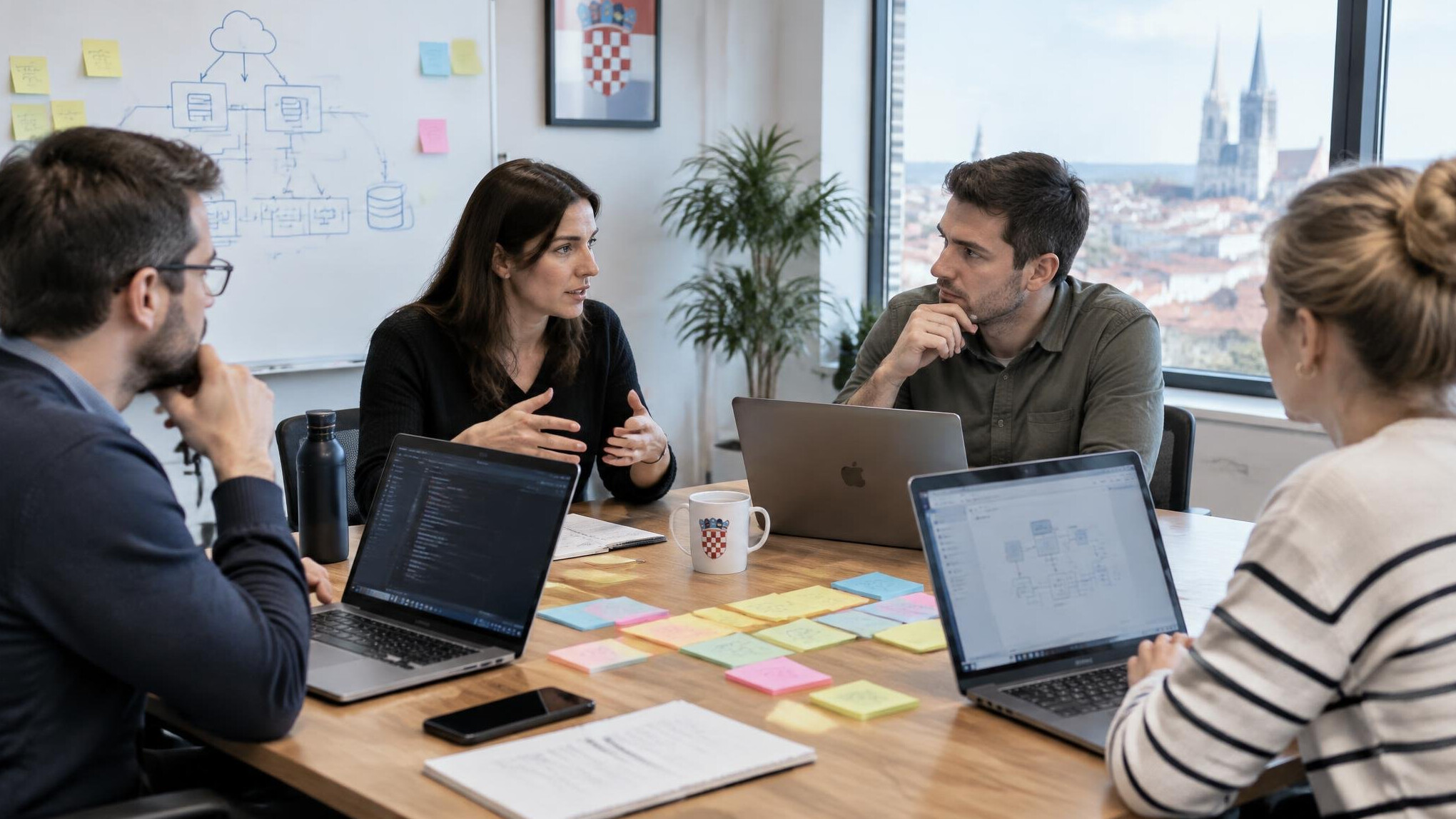 Colleagues in a meeting discussing a project with notes on the table