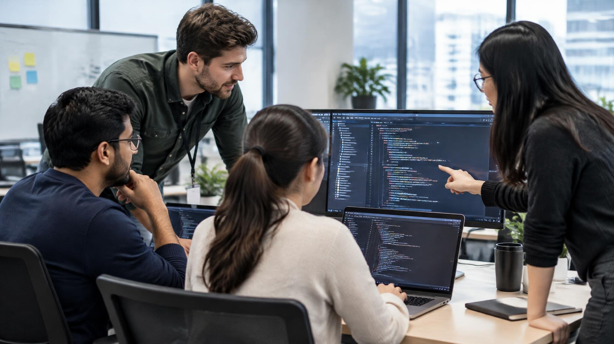 corporate team collaborating on code