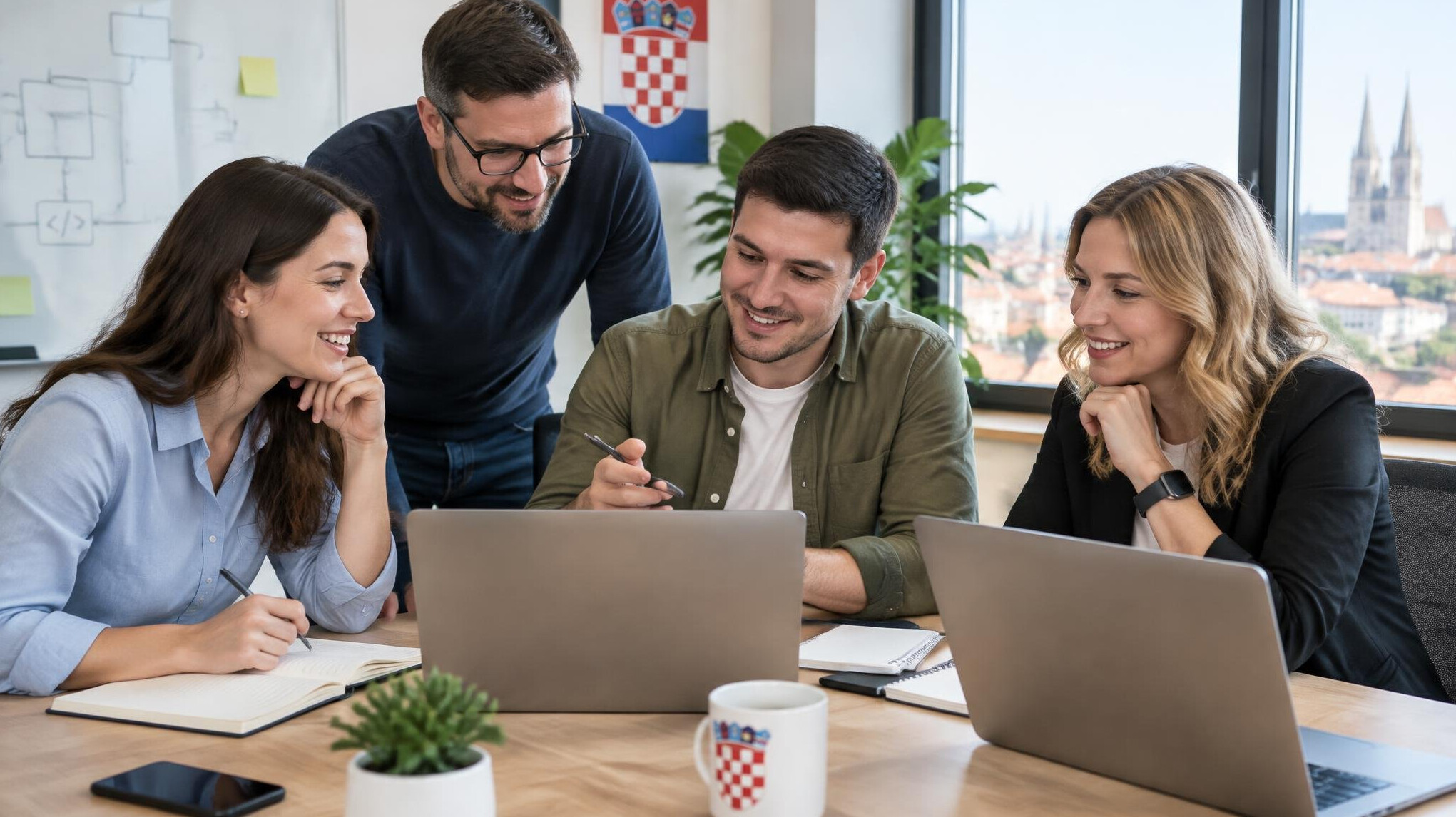 Team of colleagues collaborating around a table with laptops